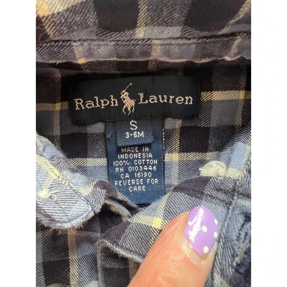 Ralph Lauren Baby Boy Blue Plaid Flannel Romper One Piece 3-6 Months Long Sleeve